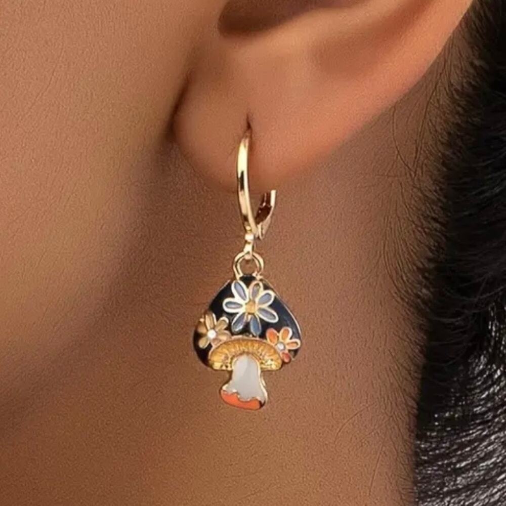 Mushroom Floral Enamel Dangle Earrings Gold Tone Hoop Cottagecore Whimsical Gift